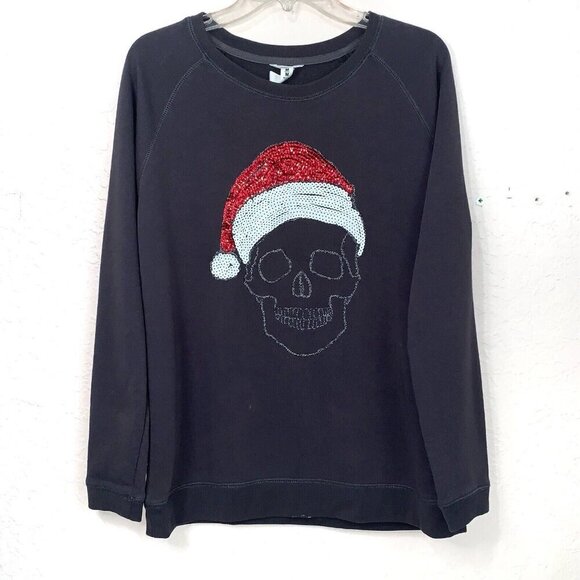 Bethany Mota Skull Christmas Sweatshirt Womens Medium Sequins Grey Red White - Picture 1 of 11